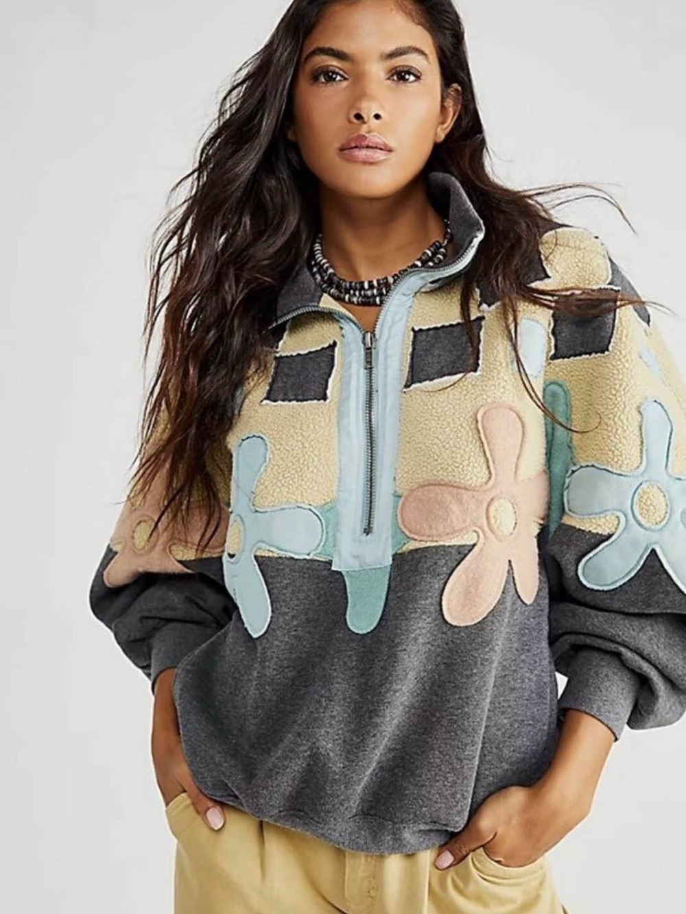 Free People Appliqué Half-Zip Pullover in Gray, Cream, Blue & Pink